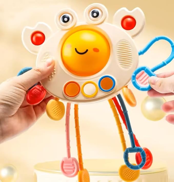 Yummy Baby Products Montessori Sensory Toy for Babies, Silicone Pull String Teething Toy, Perfect for Entertaining Baby While Developing Motor and Sensory Skills (Crab)