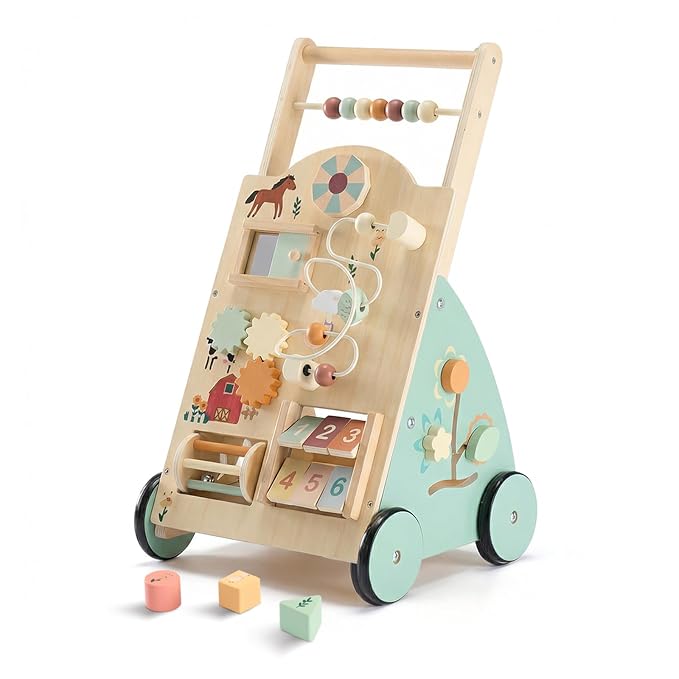 DUMOS Wooden Baby Push Walker, Montessori Activity Toys with Adjustable Speed for 1 Year Old, Silent Rubber Wheels, Wood