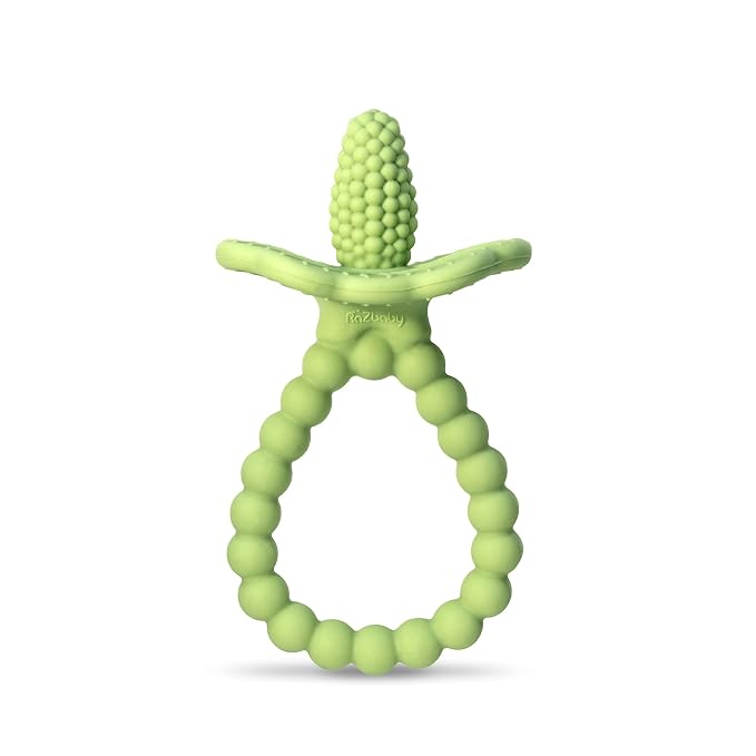 RaZbaby RaZberry Plus Baby Teether – Easy-to-Hold Toy for Front & Back Teething Relief, BerryBumps Texture for Sensory Development, Soothes Sore Gums, BPA-Free, Great Gift for Babies 3M+ – Green
