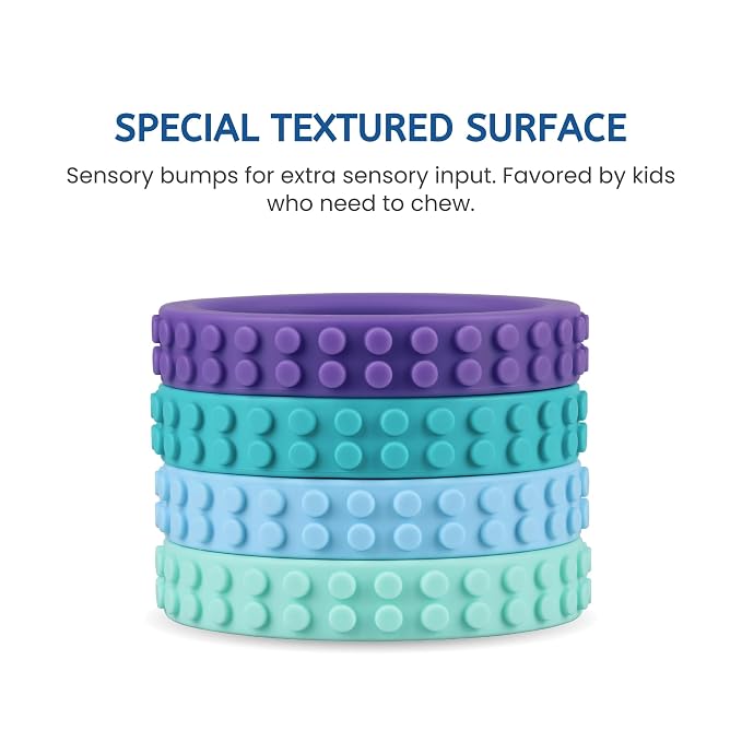 Chew Bracelets for Sensory Kids, Silicone Chew Bracelet, Oral Motor Chewy Teether Bracelet for Chewers with Autism, ADHD, SPD, or Biting Needs, 4 Colors