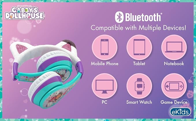 Gabbys Dollhouse Bluetooth Headphones for Kids, Wireless Headphones for School, Home, or Travel (Gabby)