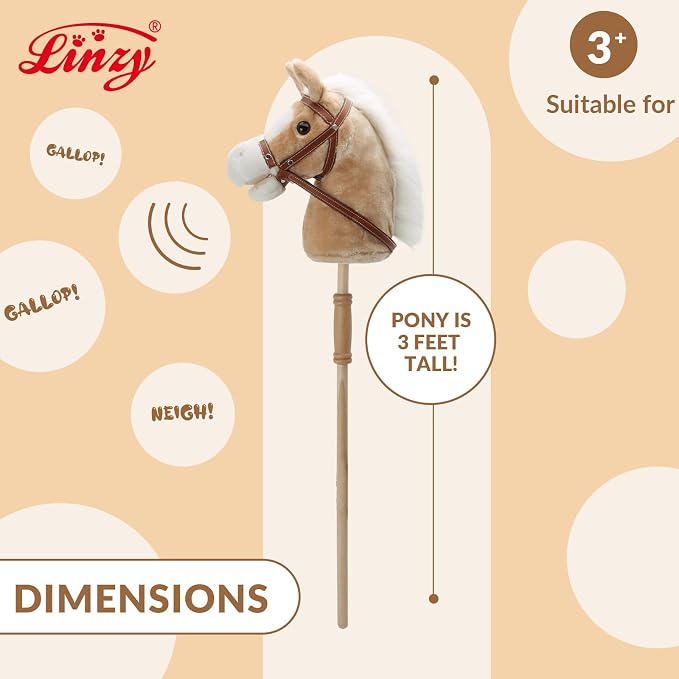 Linzy Toys 35.5" Plush Stick Horse - Funny Hobby Horse with Pony Sound, Soft Realistic Mane & Durable Leather Reins, Pretend Play Riding Toy for Boys & Girls Ages 3+ (Light Brown)