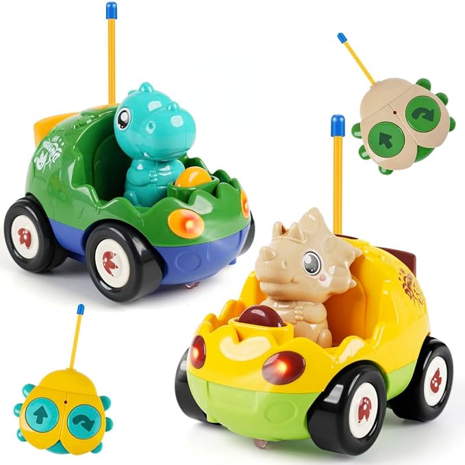 2-Pack Remote Control Dinosaur Toy Car for Kids - Birthday Gifts for Boys Toddlers Ages 18+ Months, 2 3 4 5 Year Old, Dino RC Vehicle with Lights and Music