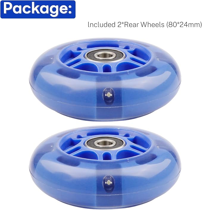 Rear 80mm Light Up White Flashing 3-Wheeled Kid Scooter Replacement Wheels Compatible with Micro Globber Lascoota Kick Scooter, 2-Pack (Blue)