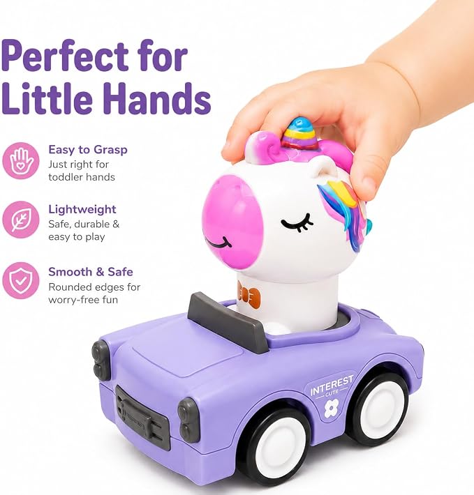 Press and Go Car Toys for Toddler Girls 1-3, 4 Pack Unicorn Vehicles | 4 colorful unicorn cars for toddler girls, press-and-go play, sharing races, birthday gifts, and screen-free floor fun
