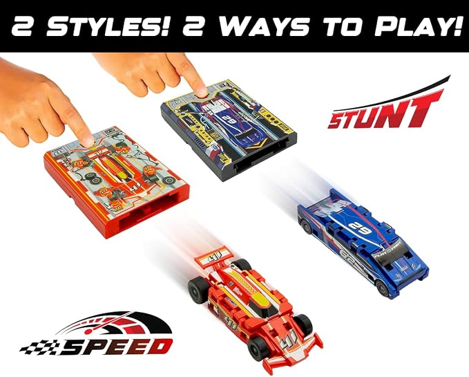 FLAT 2 FAST Original Speed Card Racer – Flat Car Racer and Pocket Size Racecar Launcher with Real Rubber Tires for High-Speed Racing – Transforming Toy Car for Boys – Load, Launch, Race! – Racing Red