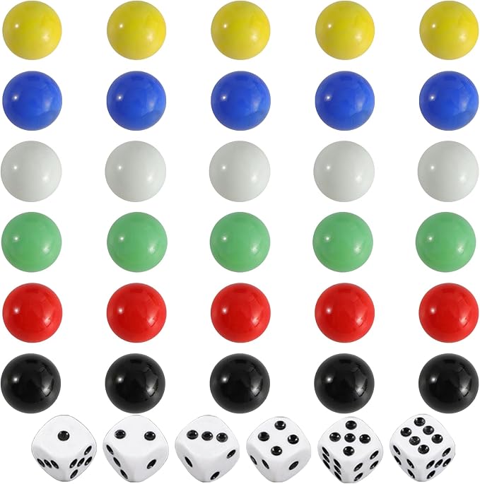 30 PCS Glass Marbles 6 Colors for Wahoo Marble Games and 6 Dices (0.63inches)