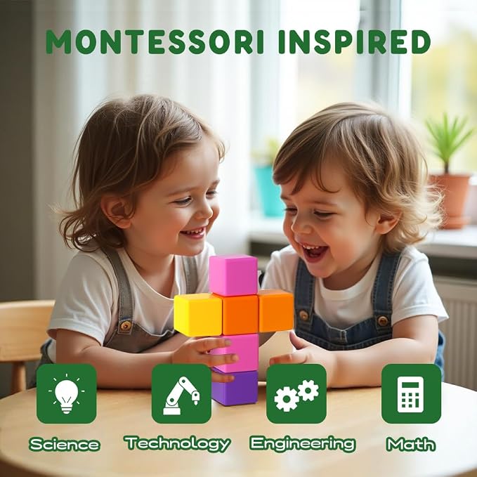 Pairez Toys Magnetic Blocks, Large Magnetic Building Blocks for Toddlers, 1.65 Inch 3D Magnet Cubes in 8 Colors, Montessori & Sensory Stacking Toy Gift for Kids Ages 1-3 (16PCS)