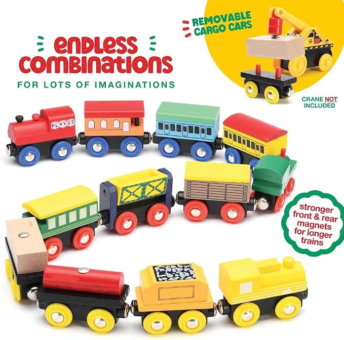 Play22 Wooden Train Set 12 PCS - Magnetic Train Toys Set Includes 3 Engines - Toy Sets for Kids Toddler Boys and Girls - Compatible with All Major Brands - Original