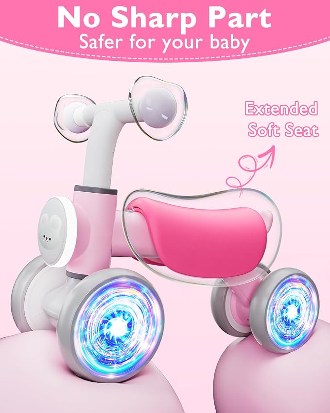 Balance Bike Toddler Outdoor Toys for 1 2 Year Old Girl Birthday Gifts | Baby Shower Gifts 4 Wheels Colorful Lighting Baby Bike with Music Ride On Toy for 1 2 Year Old
