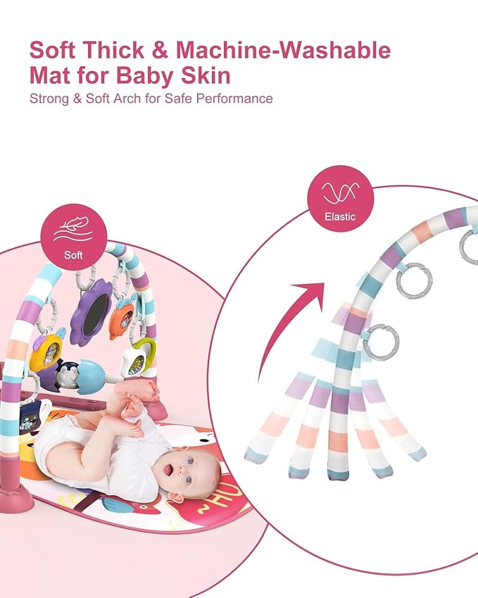 dearlomum Baby Play Mat Gym,Funny Play Piano Interactive Baby Activity Mat& 4 Wrist Rattle Socks, Boy & Girl Gifts for Newborn 0 to 3 6 9 12 Months(Pink)