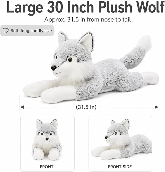 BENINY 30 Inch Giant Wolf Stuffed Animal, Super Soft Big Winter Wolf Plush Toy Pillow, Fluffy Stuffed Wolf Plushie for Kids and Adults, Birthday