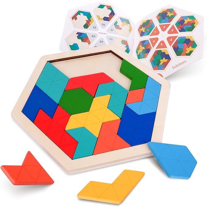 Vanmor Wooden Tangram Puzzle Brain Teaser for Kids Ages 3-8 & Adults, Shape Pattern Block Geometric Logic IQ Game with 60 Challenges, Montessori STEM Educational Gift Toy