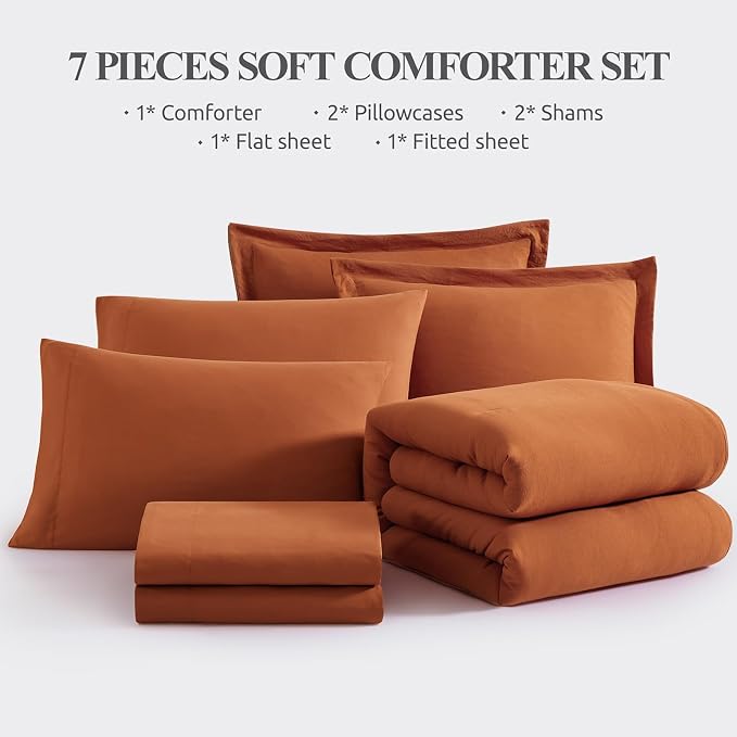 WRENSONGE Twin XL Comforter Set- 5 Pieces Burnt Orange Bed in a Bag, All Season Twin XL Bedding Sets with 1 Fitted Sheet, 1 Flat Sheet, 1 Pillow Sham and 1 Pillowcase