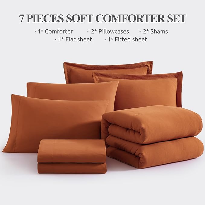WRENSONGE Super King Comforter Set- 7 Pieces Soft Burnt Orange Bed in a Bag with Fitted Sheet, Flat Sheet, 2 Shams, and 2 Pillowcases-Warm Bed Sets Fall Comforter for All Seasons
