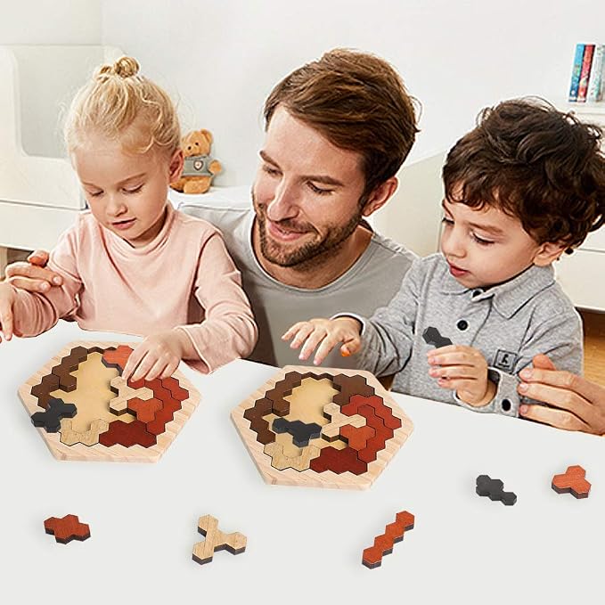 Wooden Hexagon Puzzle for Kids & Adults, Montessori STEM Educational Toy with Colorful Shapes, Logic IQ Brain Teaser Game for Kids, Geometry Tangram Gift