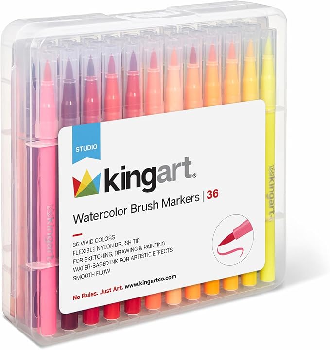 KINGART Watercolor Brush Marker Set – 36 Vivid Colors – Flexible Nylon Tips for Sketching, Drawing, Calligraphy, & Painting – Reusable Storage Case Included