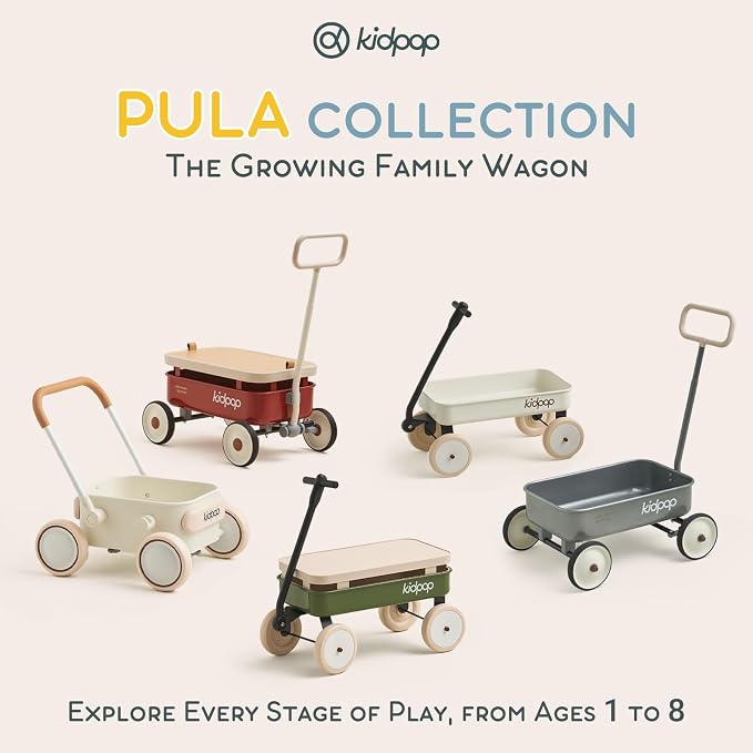 Kidpop Kids First Pull-Along Wagon with Removable Cover and Basket for Storage, 4-in-1 Push Pull Toy Cart for Toddlers, Lightweight (5.5 lbs), 1st Birthday Gift (White)
