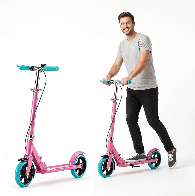 Scooters for Kids 8-12, Teens & Adults - Foldable&Portable Commuter Scooter with 8" Wheels, Bell, Hand Brake & Adjustable Height 30"-40.5", 240 lbs, Manual Push Scooter for Campus & Park