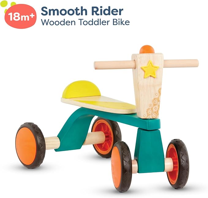 B. toys – Smooth Rider – Ride On – Wooden Toddler Bike – Balance Toys for Toddlers – Push & Ride Bike – Four Wheels – 18+ Months, Large, Multicolor