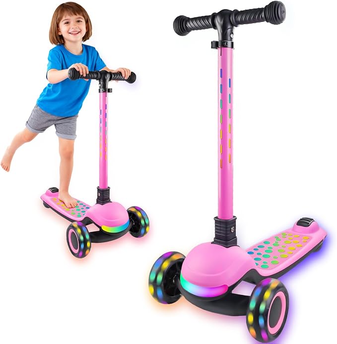 Light Up 3 Wheel Kick Scooter for Kids Toddlers with LED Sync Lights, Flashing Stem & Wide Polka Dot Deck Adjustable Height Music Function Safe Sturdy Folding Scooter for Kids
