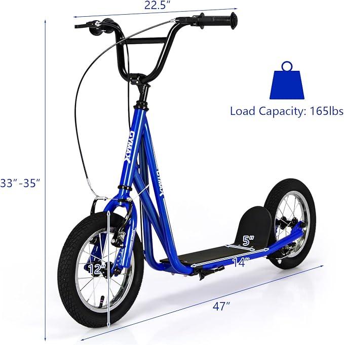 GYMAX Scooter, Kids & Adults Off-Road Scooter with 12" Inflatable Wheels, Adjustable Height Handlebar, V-Type Handbrakes & Axle Pegs for All Terrain, 8+