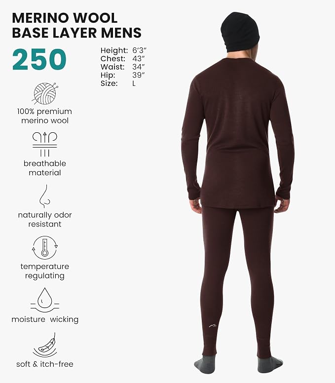 Merino.tech Merino Wool Base Layer Mens Set - Heavyweight, Midweight, Lite Merino Wool Thermal Underwear For Men Top, Bottom