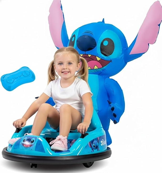 6V Stitch Toys Kids Bumper Car - Kids Electric Ride On Car, Toddler Toy, Auto-Inflated, Parent Remote Control, 360° Spins, LED Lights, 1MPH Speed, Max Weight of 66lbs, Age 1.5-4yrs