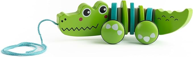 Jasey's Toy Chest Cruisin' Crocodile Wooden Pull Toy | Pull-Along Crocodile with Wiggly Zig-Zag Body, Chunky Wooden Wheels with Rubber Tread | for Toddlers Ages 12+ Months