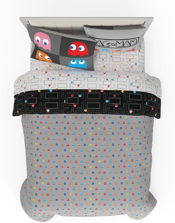 Pac-Man Gaming Bedding 7 Piece Super Soft Cozy Reversible Comforter and Sheet Set with Sham, Full, (Officially Licensed Product) By Franco