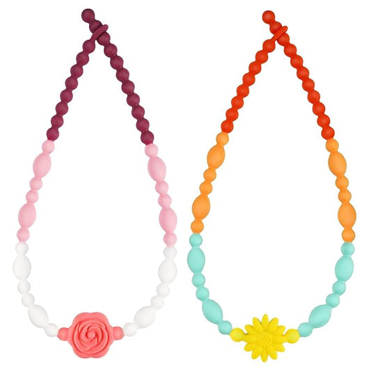 Flower Chew Necklaces for Sensory Kids 2 Pack, One-Piece Silicone Chewelry for Nail Biting Prevention, Sensory Fidget Necklace for Kids & Adult with ADHD & Autism, Classroom Chew Toys for Toddlers