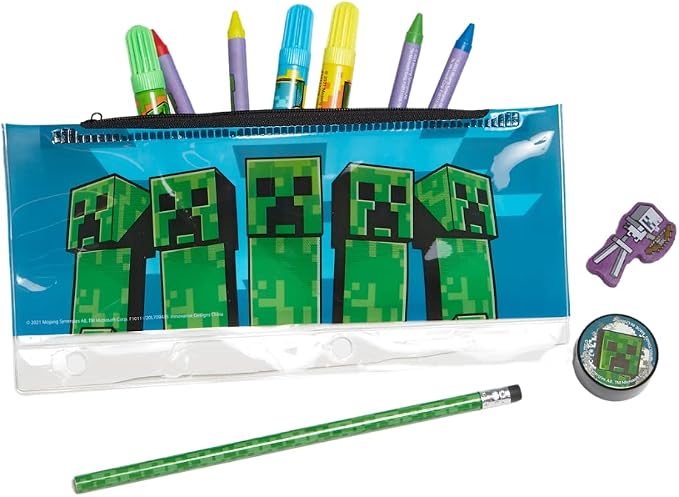 Innovative Designs Mine Craft Kids Coloring Art and Sticker Set,30 Pcs.School and Craft Supplies with Pencil Case,Blue