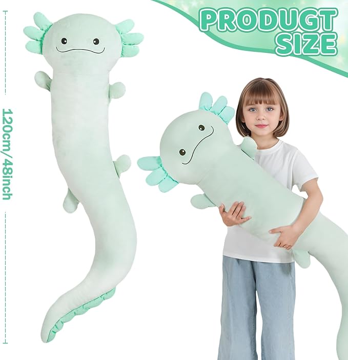Tianmihou 48 inch Giant Axolotl Plush Stuffed Animal, Big Light Green Axolotl Glow in The Dark Fluorescent Plushies, Jumbo Stuffy Body Pillow Gifts for Kids Adults, Birthday