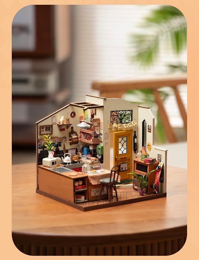 Rowood Miniature House Kit,DIY Miniature Dollhouse Kit for Adults,Wooden Table Collection Model Kits to Build,Birthday for Adult(Homey Kitchen)