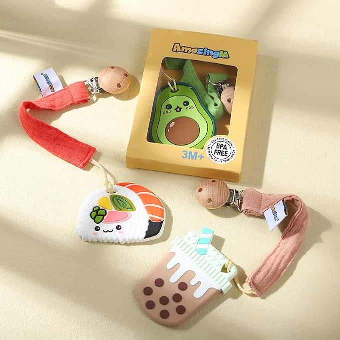 Baby Food Grade Silicone Teether Toy with Pacifier Clip Holder,Teething Pain Relief Toys Gift Set for 3 Months+ Boys and Girls,Freezer Safe,BPA Free (Bubble Tea)
