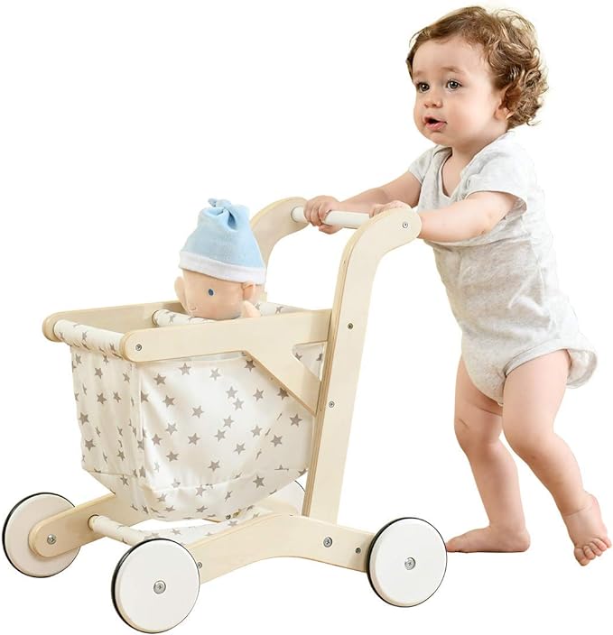 labebe Baby Push Walker Doll Stroller, Push Toy for Toddler, Shopping Cart for Girls and Boys 1 Years Old, Kids Stand Learning Walker, Wooden Play Wagon with Wheel, Larger Size 15.2 * 18.7 * 19.7