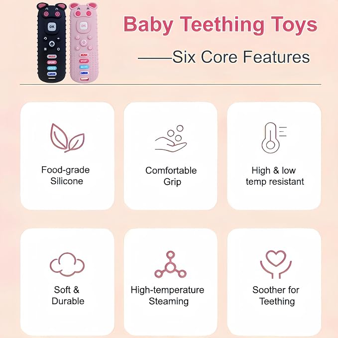 2Pcs Baby Teething Toys, BPA-Free Food Grade Silicone Baby Remote Control Teething Toy for 3-18 Months, Baby Remote Teether, Newborn Teething Relief TV Remote Pig Shaped Toy (Pig Black&Pink)