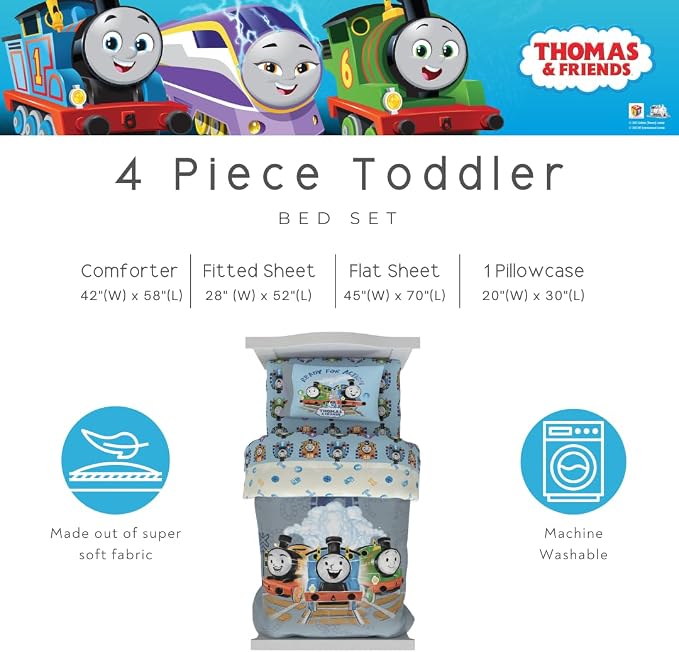 Thomas & Friends 4 Piece Toddler Bed Set – Super Soft & Cozy Reversible Microfiber Comforter and Sheets (Officially Licensed Product) By Franco