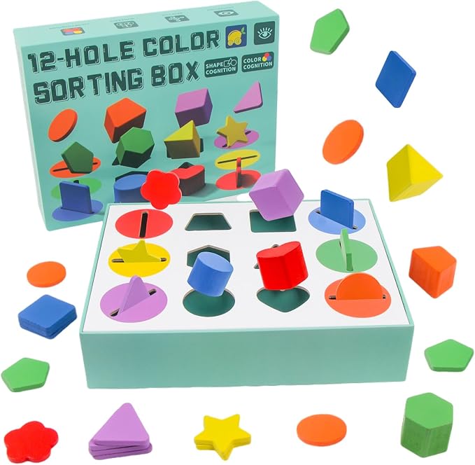 12-Hole Color Shape Sorting Box – Montessori Toy for Toddlers 3-5 Years, Geometric Colors & Shapes Learning Game, Fine Motor Activity for Preschool Classroom, Birthday Gift for Boys and Girls
