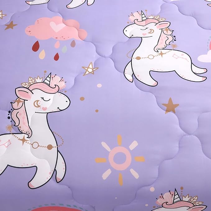 Wajade Kids Purple Unicorn Comforter Set Bed in A Bag Full Size 7 Piece Cute Unicorn Rainbow Clouds Bedding Set for Girls (1 Comforter, 1 Flat Sheet, 1 Fitted Sheet, 2 Pillowcase and 2 Pillow Sham)