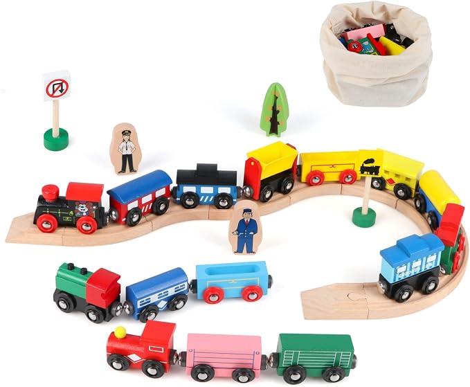 31 PCS Wooden Train Cars - Magnetic Train Set Includes 15 Cars, 10 Bonus Connectors & Storage Bag, Wooden Train Set Toy Train for Kids Toddlers, Compatible with Major Brands Train Tracks Set