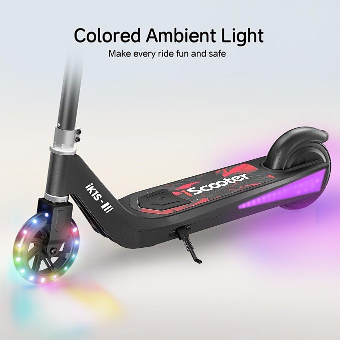 iScooter IK3 Serious Electric Scooter for Kids Aged 6-12, 3/6/10MPH Speed, Dual Brake System, 3 Heights (IK3Pro), Magnetic Charging, Colorful Lights, LED Display, 150W Motor Kids Scooter