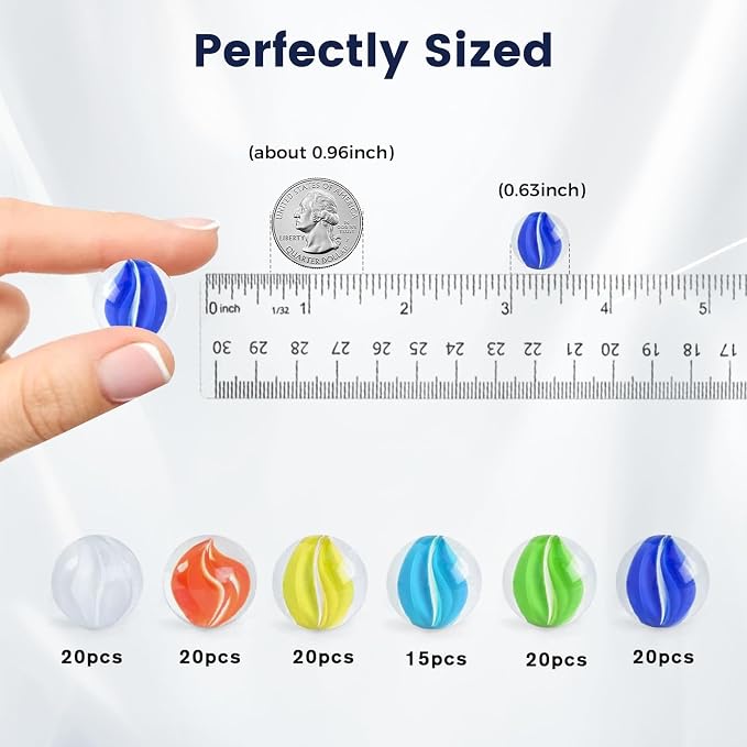 POPLAY Marbles for Kids, 115PCS Cat Eye Glass Marble, Mixed 6 Colors with Gift Box, for Chinese Checkers Board Games, Party Favor Gifts