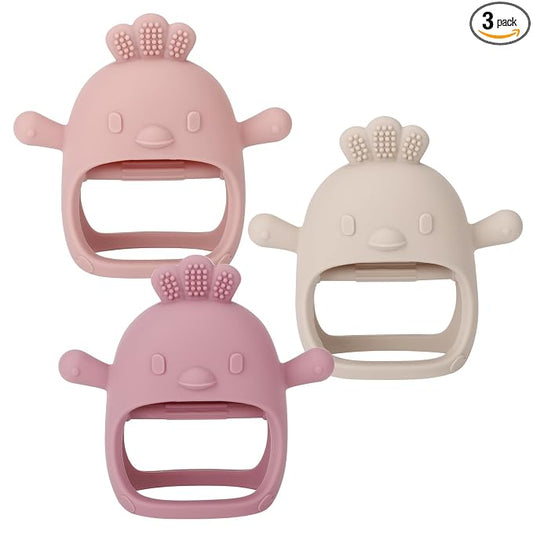 Socub 3 Pack Silicone Baby Teether Toys for Infants 3+ Months, BPA Free Anti-Drop Silicone Mitten Teething Toy for Soothing Sore Gums, Baby Chew Toys for Sucking Needs, Rose Pink,Dark Pink,Beige