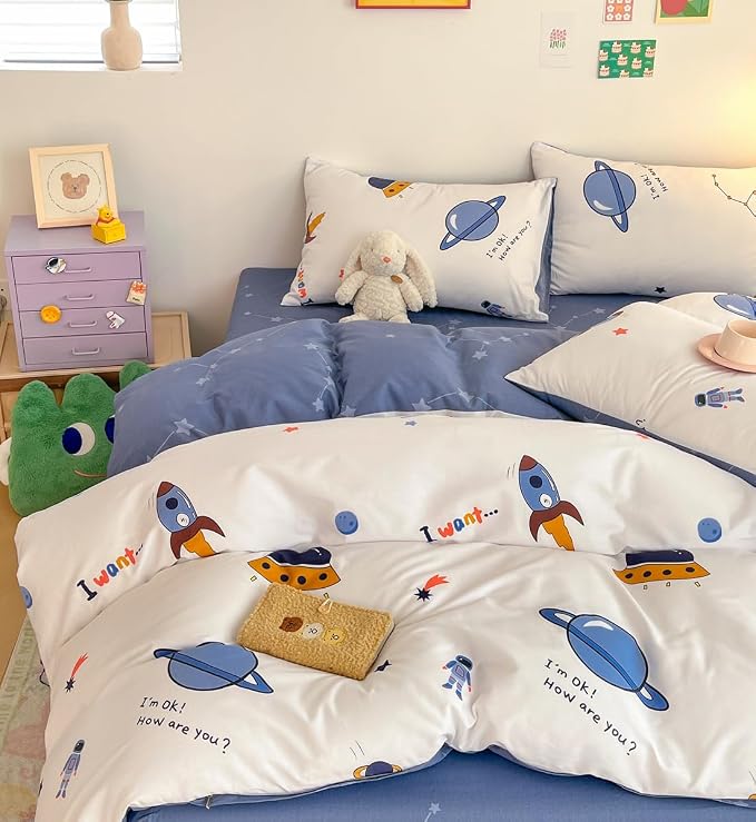 LIWHENHAO Space Duvet Cover Set Queen 100% Cotton Bedding Cartoon Astronaut Rocket Galaxy Print on White 1 Star Comforter Cover Full Zipper Closure 2 Pillowcases for Kids Girls Boys Woman