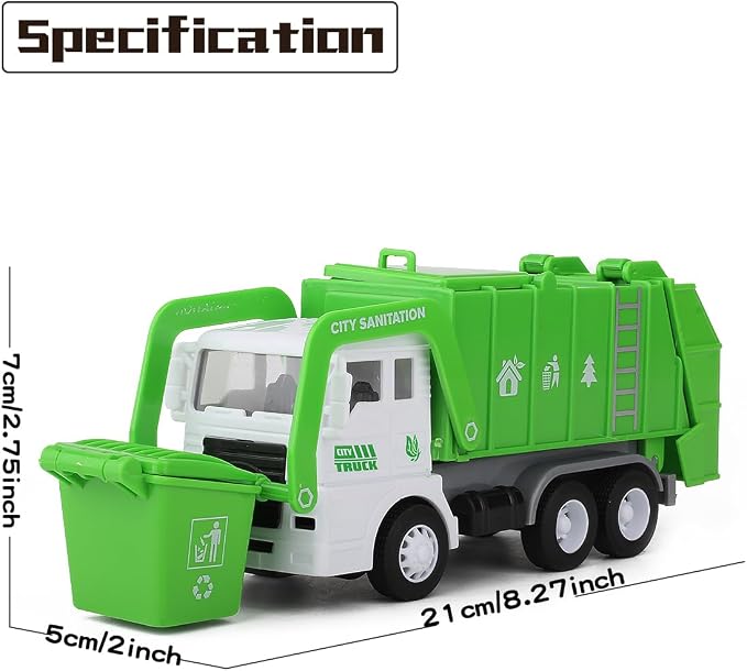 FIVEDAOGANG Small Friction Powered Garbage Truck Toys Set, Includes Front Load Dumpster, 4 Trash Bins and Trash Learning Cards for Kids