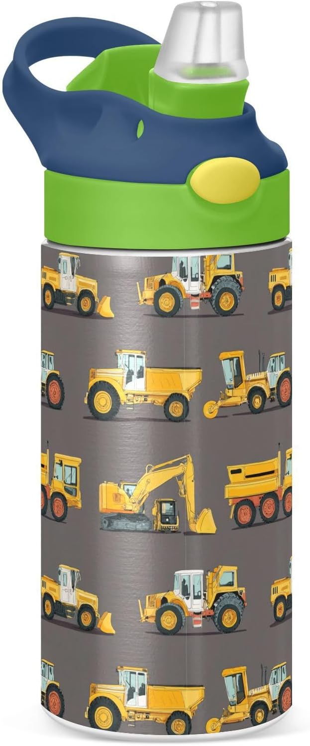 Boccsty Yellow Tractor Truck Kids Water Bottle with Straw Lid Car Insulated Stainless Steel Reusable Tumbler for Boys Girls Toddlers 12 oz Green