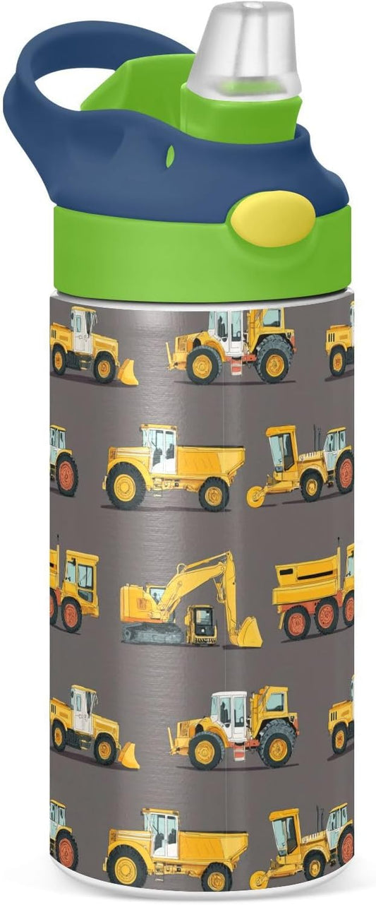 Boccsty Yellow Tractor Truck Kids Water Bottle with Straw Lid Car Insulated Stainless Steel Reusable Tumbler for Boys Girls Toddlers 12 oz Green