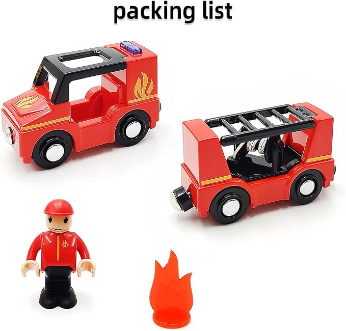 Wooden Train Cars Track Accessories Set Rescue Fire Truck Small Vehicles Magnetic Train Cars Fit for Wooden Train Track Railway for Boys and Girls (Fire Truck(with Light and Sound))