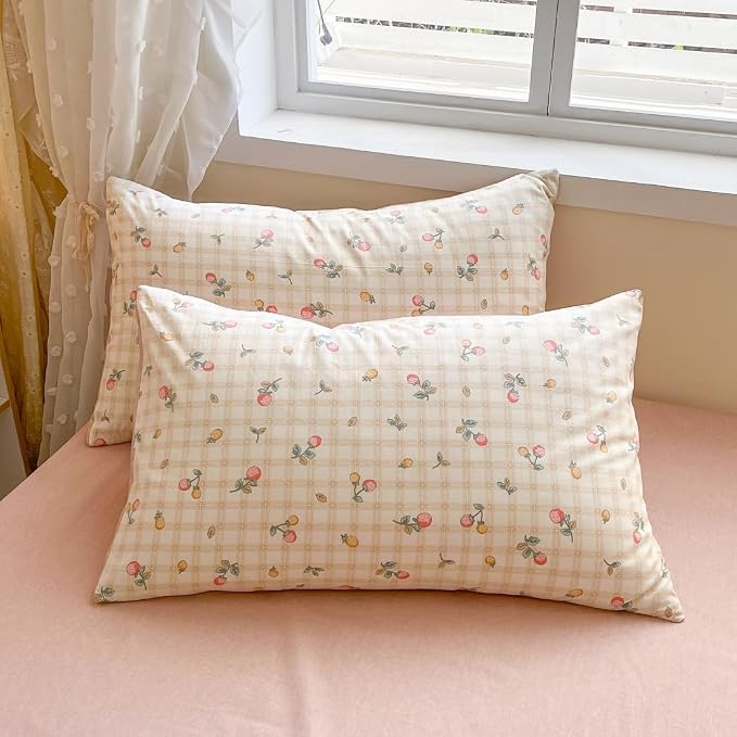 LIWHENHAO Strawberry Duvet Cover Set Queen 100% Cotton Bedding Red Yellow Fruit Floral Flower on Cream White 1 Plaid Grid Comforter Cover Full 2 Pillowcases for Kids Girls Boys Woman